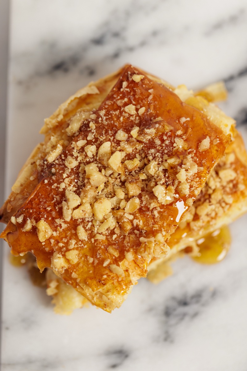 Honey and walnut topped bougatsa